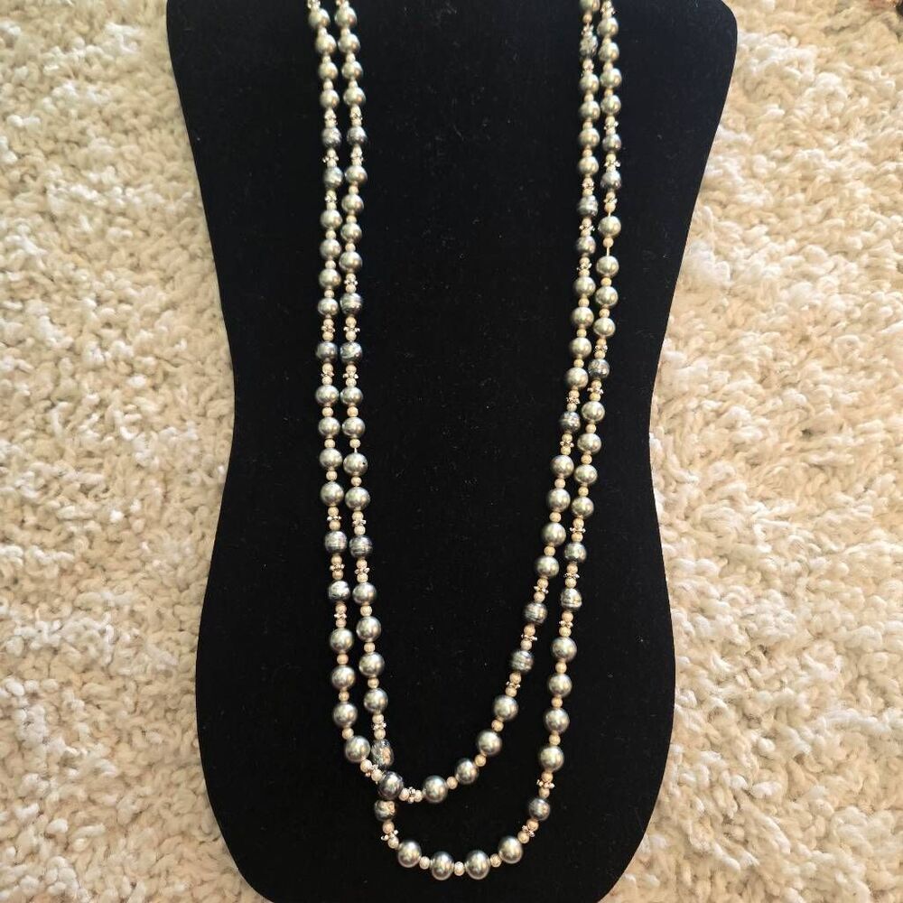 Vintage Long Silver Grey Pearl Glass Bead Necklace Wrap It